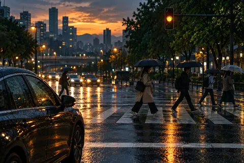 雨上がりの夕暮れの交差点で横断歩道を渡る人々