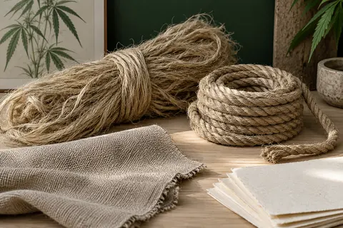 植物繊維、ロープ、布、紙を並べた静物