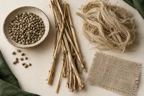 大麻の種子、乾燥した茎、繊維と布の見本