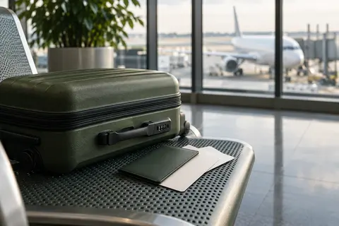 旅行前に書類と持ち物を確認する場面